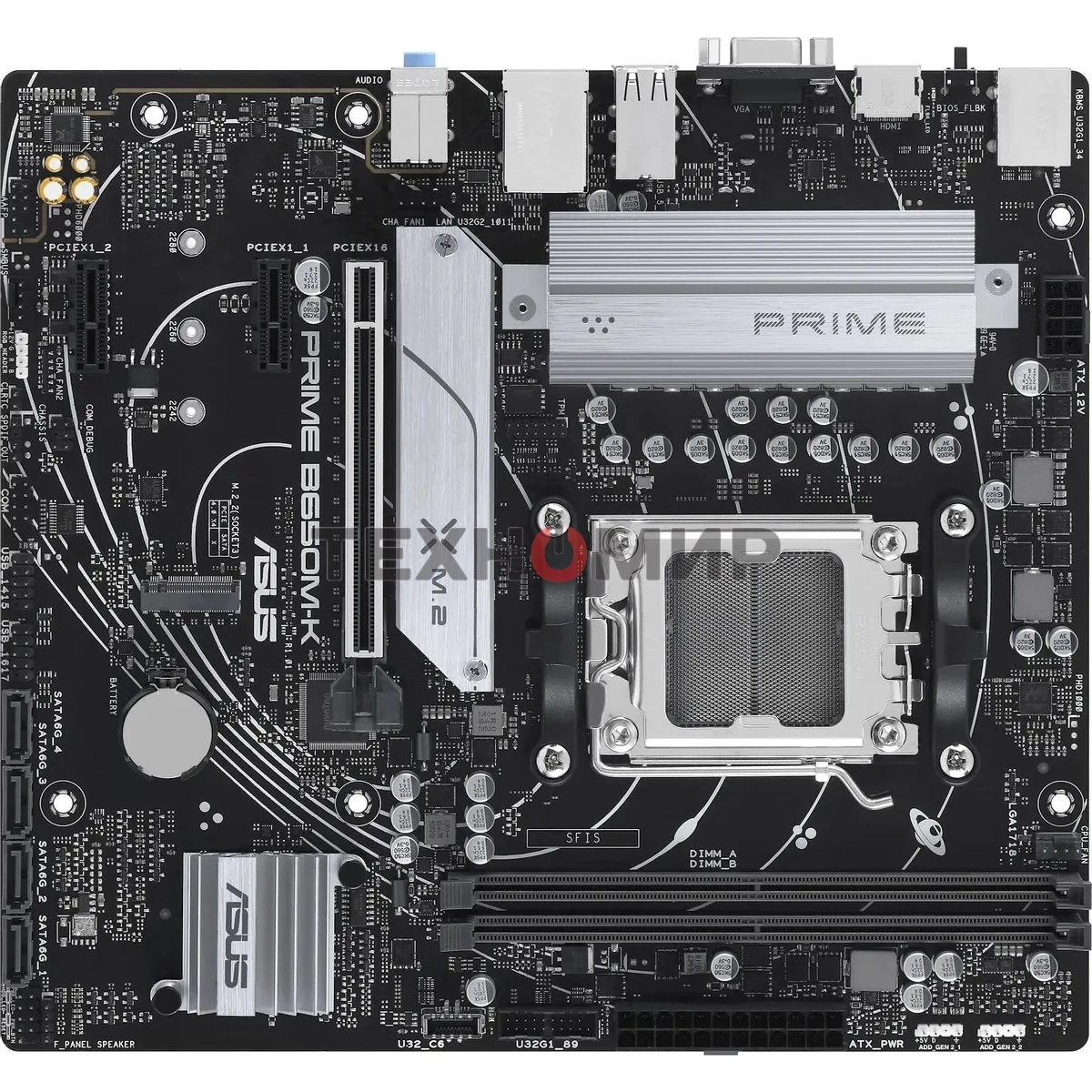 Материнская плата ASUS PRIME B650M-K, Socket AM5, AMD B650, 2xDDR5, 4xSATA, 2xM.2, 1xPCIe 4.0 x16, 2xPCIe 4.0 x1, 1xHDMI, 1xVGA, 1x 2.5Gb LAN, 4xUSB-A 2.0, 2xUSB-A 3.2 Gen 1, 2xUSB-A 3.2 Gen 2, 3x3.5 мм, 7.1, mATX