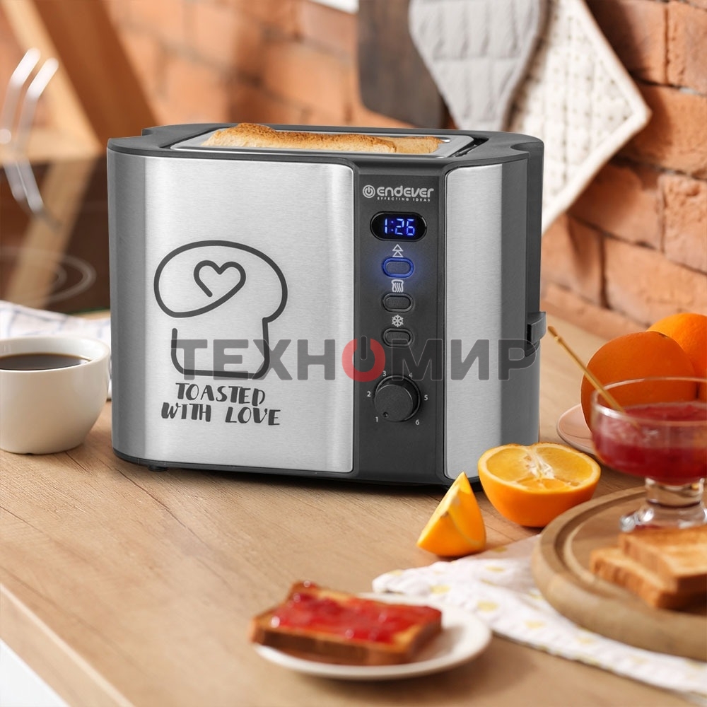 Тостер электрический ENDEVER Skyline ST-127, мощность 800 Вт, стальной/черный, 6 реж. поджаривания, 2 отсека для тостов, 4 шт/уп