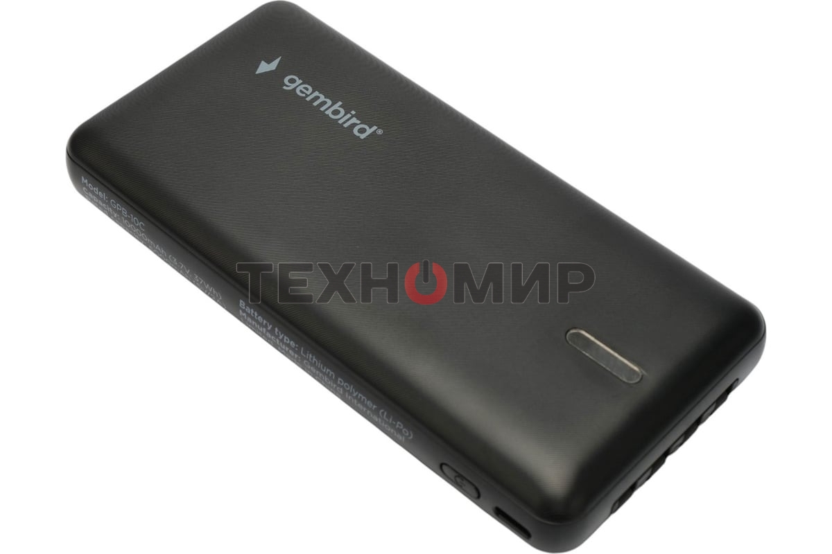 Портативный аккумулятор Gembird GPB-10C, 10000мА·ч, 2A, 4 встроенных кабеля, черный