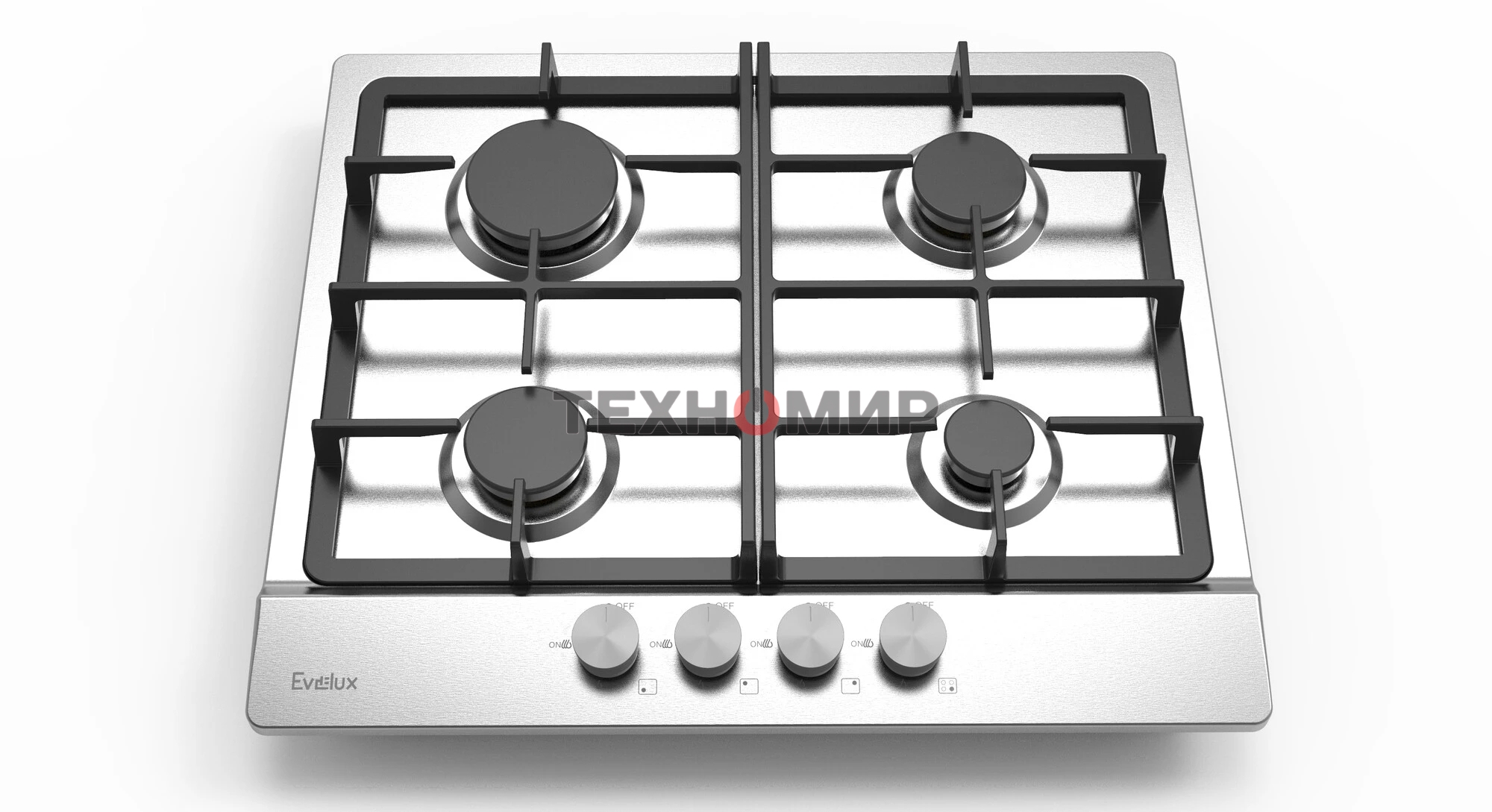 Газовая варочная панель Evelux HEG 633 X Hi-Tech, 60 см, 4 конфорки, чугунные решетки, газ-контроль, электроподжиг, механическое управление, нержавеющая сталь