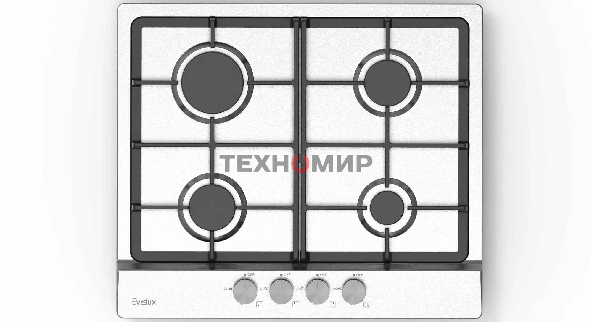 Газовая варочная панель Evelux HEG 633 X Hi-Tech, 60 см, 4 конфорки, чугунные решетки, газ-контроль, электроподжиг, механическое управление, нержавеющая сталь
