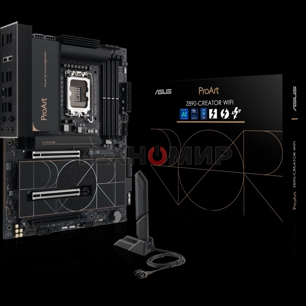 Материнская плата ASUS ProArt Z890-CREATOR WIFI, LGA 1851, Intel Z890, 4xDDR5, 4xSATA, 5xM.2, 2xPCIe 5.0 x16, 1xPCIe 4.0 x16, 1xHDMI, 1xDP, 1x 10Gb LAN, 1x 2.5Gb LAN, 2xUSB-C 10Gbps, 6xUSB-A 10Gbps, 1xUSB-A 2.0, 7.1, ATX