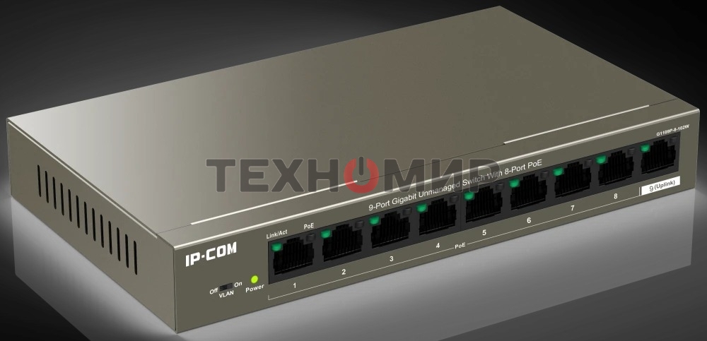 Коммутатор неуправляемый PoE IP-COM G1109P-8-102W 9 портов, 9x1 Гбит/с, PoE 8х92 Вт, настольный