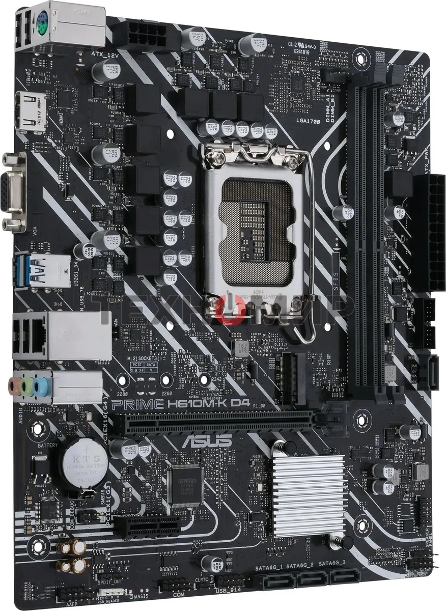Материнская плата ASUS PRIME H610M-K D4, LGA 1700, Intel H610, 2xDDR4, 4xSATA, 1xM.2, 1xPCIe 4.0 x16, 1xPCI, 1xHDMI, 1xVGA, 1x 1Gb LAN, 2xUSB-A 2.0, 2xUSB-A 3.2 Gen 1, 3x3.5 мм, 7.1, mATX