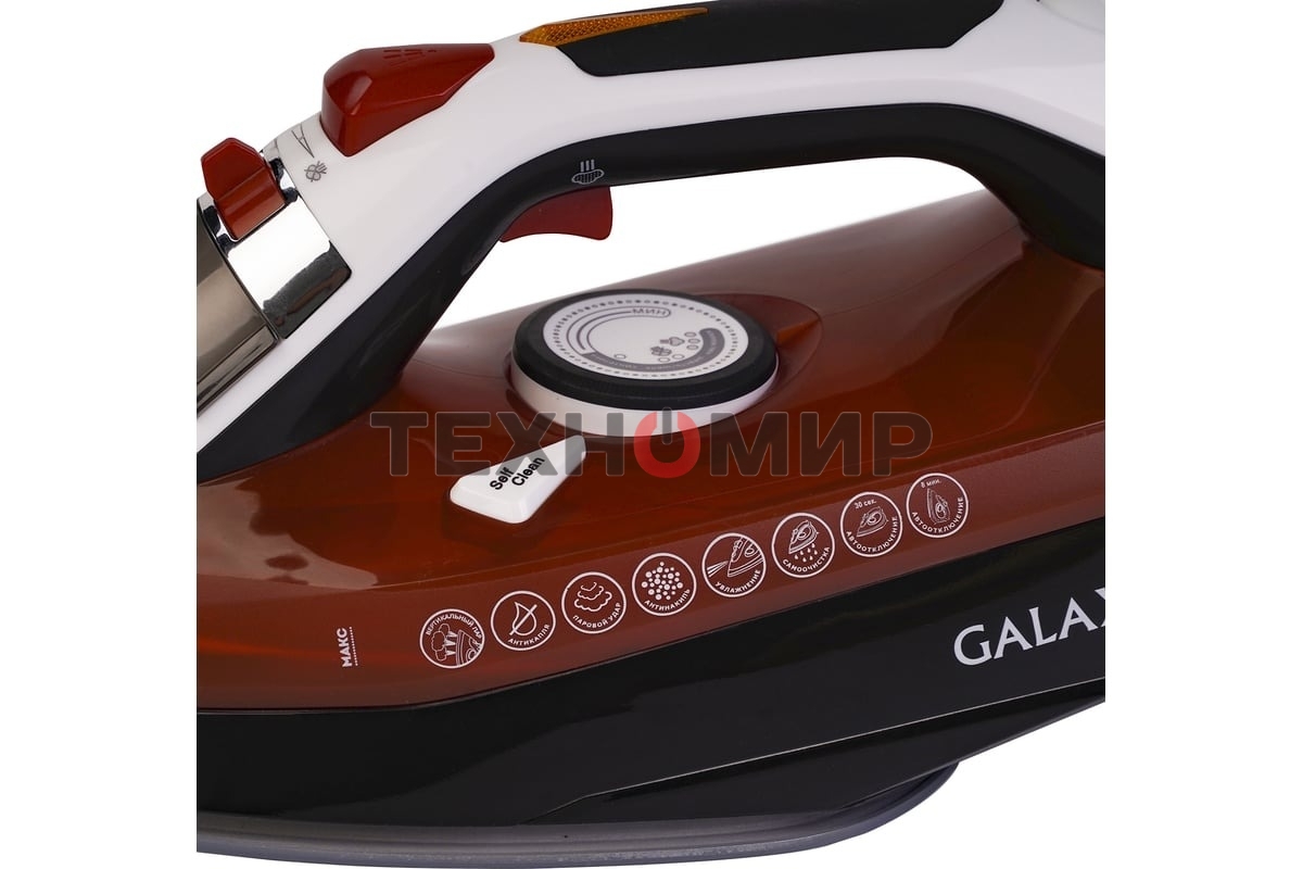 Утюг Galaxy GL 6131, оранжевый, паровой, 2500 Вт, подача пара до 50 г/мин, паровой удар до 230 г/мин, функции: автоотключение, самоочистка, антикапля, антинакипь, функция увлажнения, вертикальное отпаривание, керамическое покрытие подошвы, защита от перег