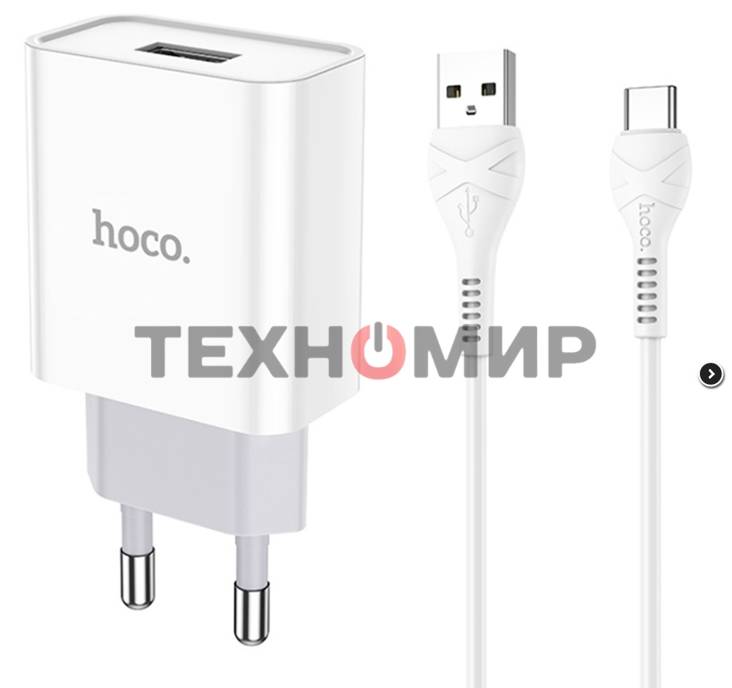 Блок питания (сетевой адаптер) HOCO C81A Asombroso single 1xUSB с кабелем Type-C, 2.1A, 10W, белый