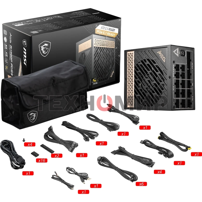 Блок питания MSI MEG Ai1300P (306-7ZP4A11-CE0), 1300Вт, 80 PLUS Platinum, 120мм, модульный, черный/золотой