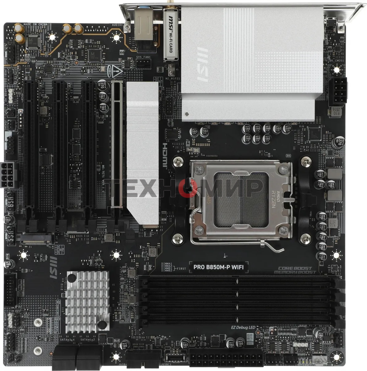 Материнская плата MSI PRO B850M-P WIFI, AM5, AMD B850, 4xDDR5, 4xSATA, 3xM.2, 1xPCIe 5.0 x16, 1xPCIe 4.0 x4, 2xPCIe 3.0 x1, 1xHDMI, 2xUSB-C 10Gbps, 1xUSB-A 5Gbps, 1xUSB-A 10Gbps, 4xUSB-A 2.0, 2x3.5 мм, S/PDIF, 1x5Gb LAN, Wi-Fi 7, Bluetooth 5.4, 7.1, mATX