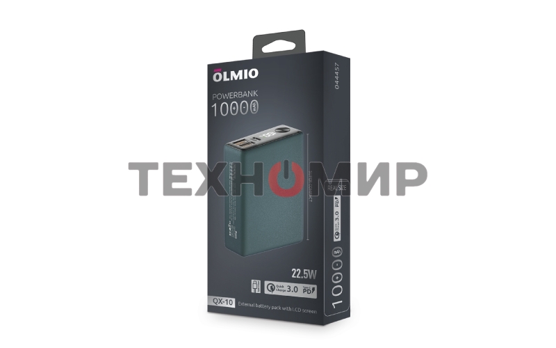 Портативный аккумулятор OLMIO QX-10, 10000mAh, 22.5W, QuickCharge3.0/PowerDelivery, LCD, темно-зеленый