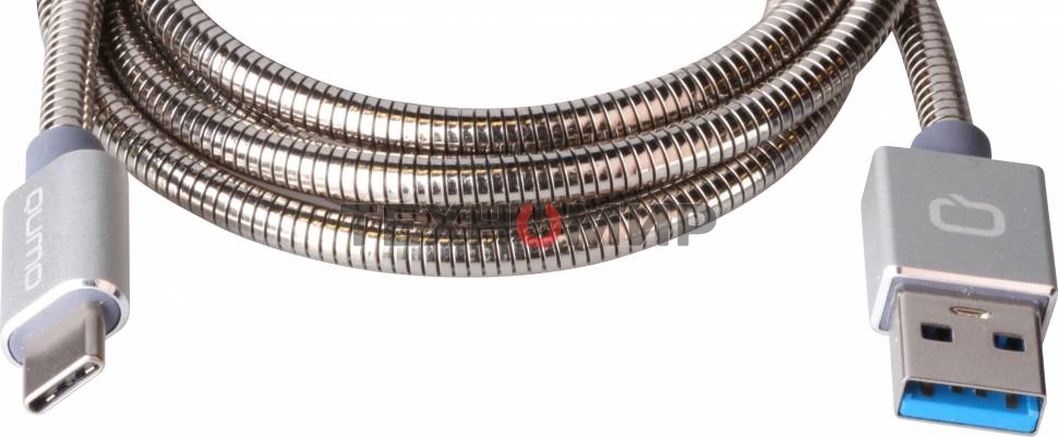 КабельQumo Type-С кабель, 1м, USB 3.0, 5В, 3А, 15Вт, металлическая оплетка, металлический коннектор, серебряный