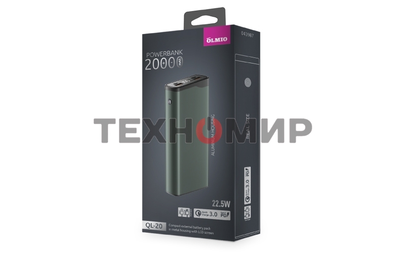 Портативный аккумулятор OLMIO QL-20, 20000mAh, 22.5W, QuickCharge3.0/PowerDelivery, LCD, серый