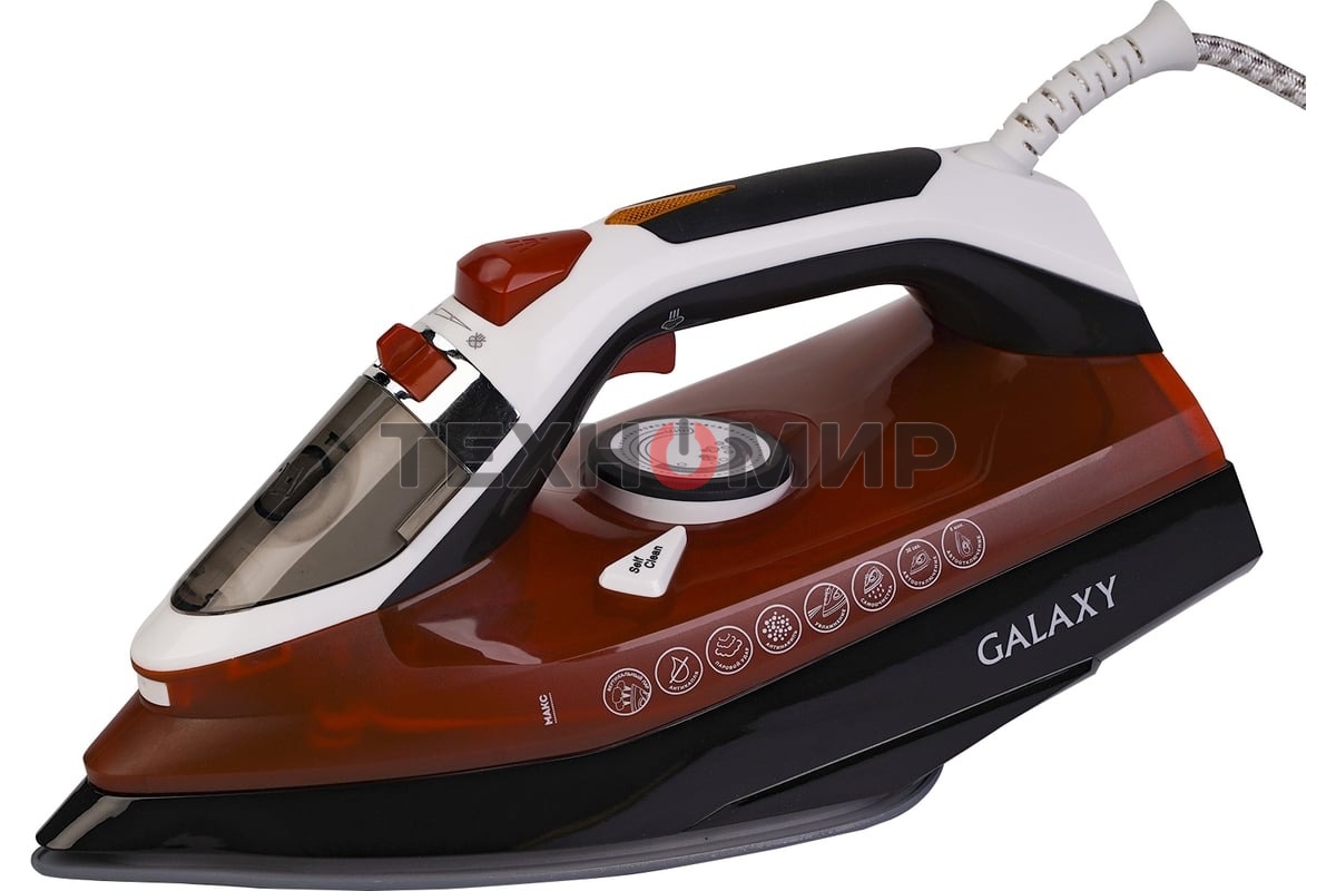 Утюг Galaxy GL 6131, оранжевый, паровой, 2500 Вт, подача пара до 50 г/мин, паровой удар до 230 г/мин, функции: автоотключение, самоочистка, антикапля, антинакипь, функция увлажнения, вертикальное отпаривание, керамическое покрытие подошвы, защита от перег
