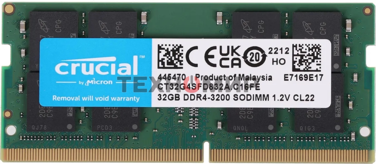Оперативная память Crucial, DDR4, 32Gb (1x32 Gb), 3200 MHz, CL22, SO-DIMM, OEM