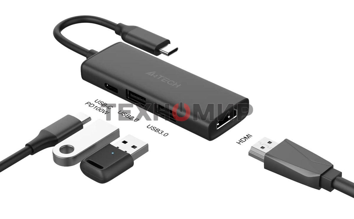 Разветвитель USB-C A4Tech DST-40C 2порт. серый