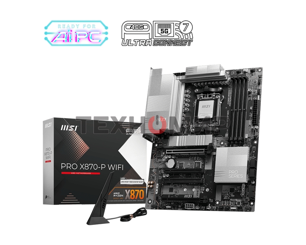 Материнская плата MSI PRO X870-P WIFI, AM5, AMD X870, 4xDDR5, 4xSATA, 3xM.2, 1xPCI-E 5.0 x16, 1xPCI-E 4.0 x16, 2xPCI-E 3.0 x1, 1xHDMI, 1xUSB-C, 1xRJ45 5Gb, 2xUSB-A 3.2 Gen 1, 2xUSB-A 3.2 Gen 2, 4xUSB-A 2.0, 1xUSB-C 3.2 Gen 2x2, 1xUSB4, 3x3.5мм, 7.1, ATX