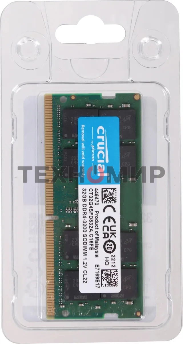 Оперативная память Crucial, DDR4, 32Gb (1x32 Gb), 3200 MHz, CL22, SO-DIMM, OEM