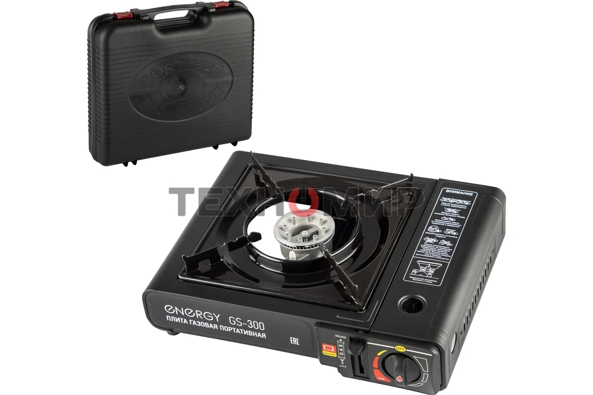 Плита настольная газовая Energy GS-300 чёрный, 2,5 кВт, газовая горелка, конфорки - 1, металл, поворотный регулятор