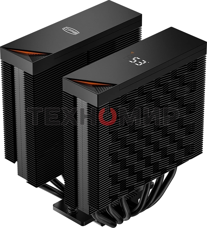 Кулер для процессора PCCooler RT620 Digital BK (250W, 4-pin PWM, LED temp., 157mm, 6x6mm, 2x120мм, 73.32CFM, 34.9dBA, 2200RPM, S: 1851/1700/1200/115X, AM5/AM4, черный)