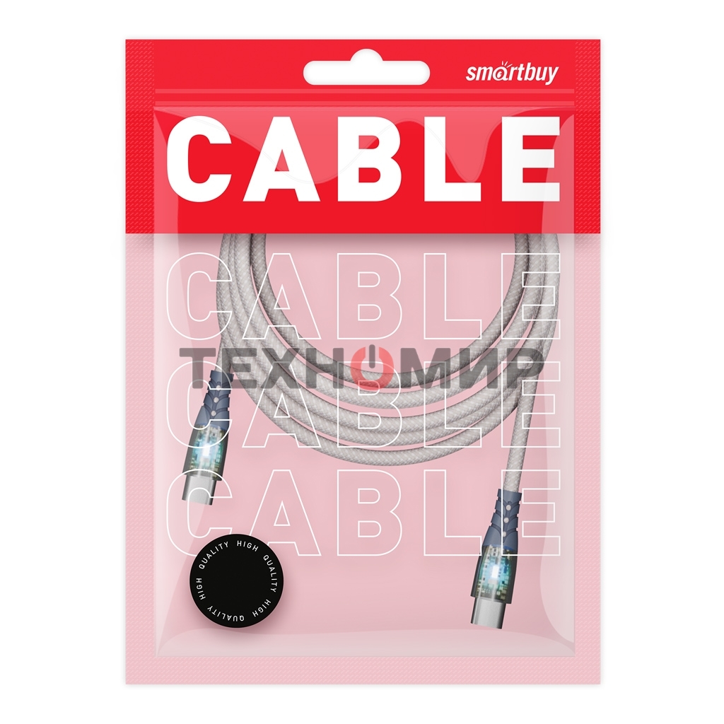 Кабель Smartbuy для зарядки и передачи данных, прозрачные наконечники TYPE C - TYPE C, 3А, нейл., серый, 1 м, IK-3112FCTRANSP-GRAY