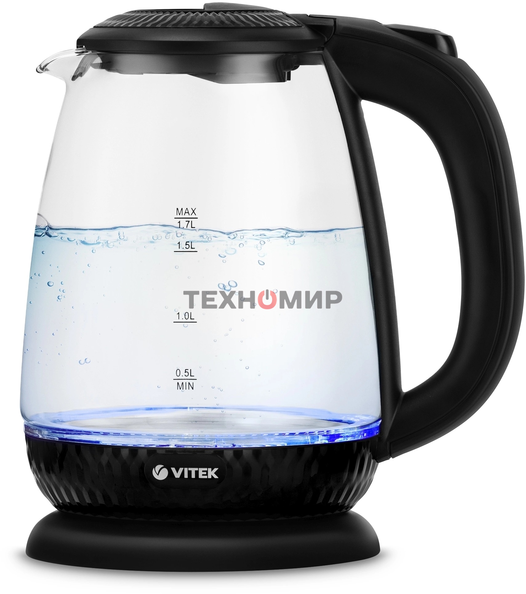 Чайник электрический Vitek VT-7074 1.7 л, 2200 Вт, прозрачный/черный корпус: стекло/пластик