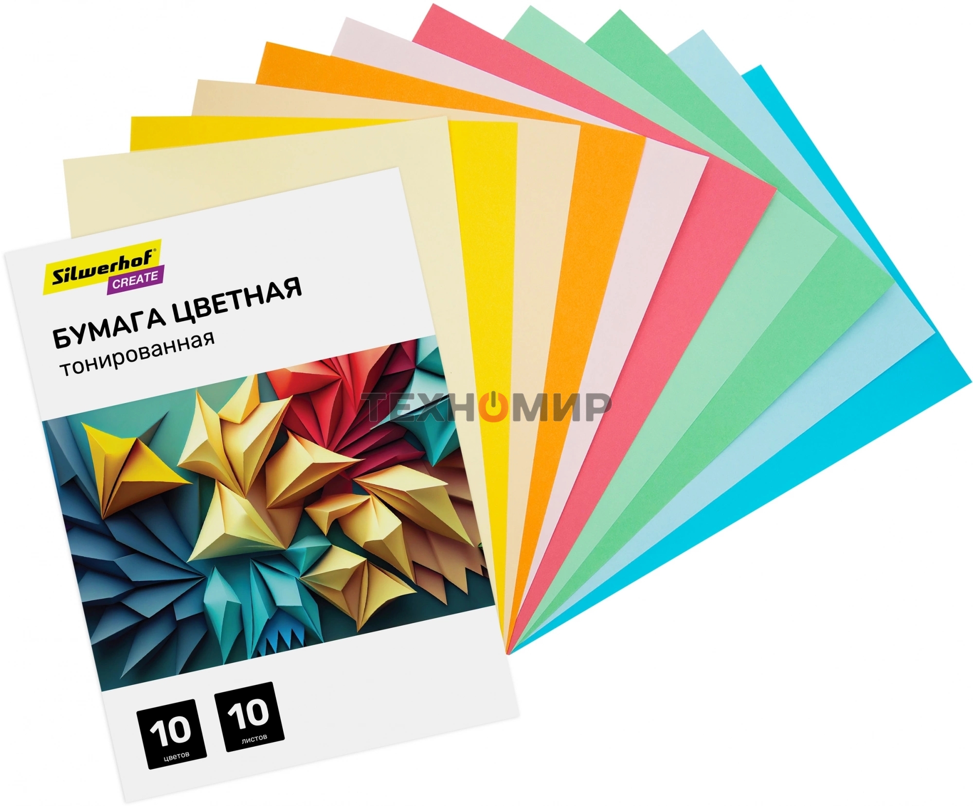 Бумага цветная Silwerhof тонир. 10 л. 10цв. A4 CREATE 80г/м2 папка