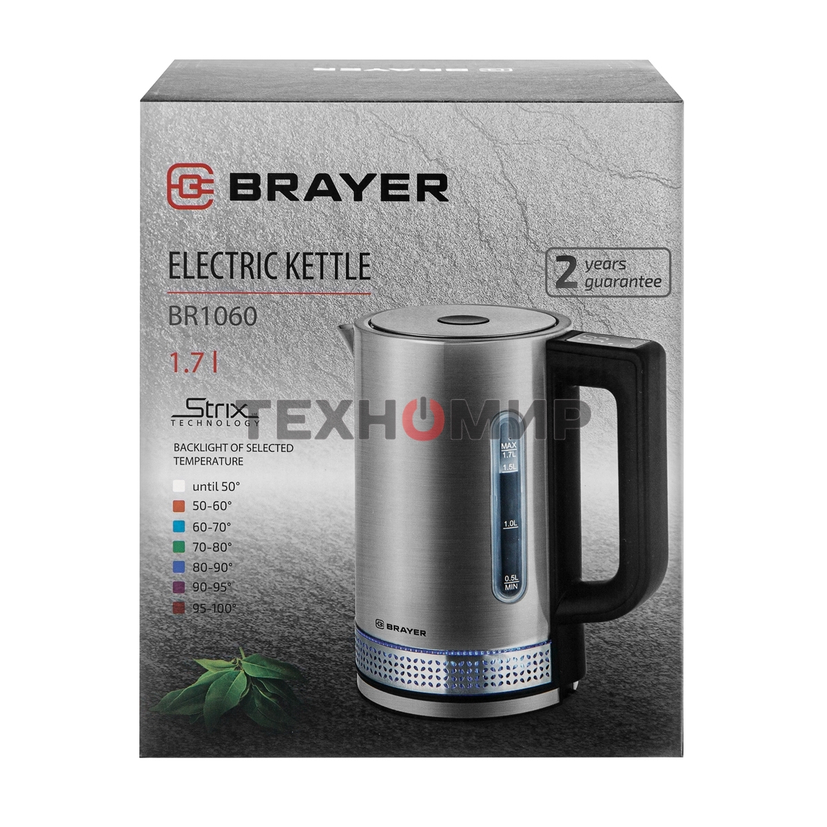 Чайник электрический BRAYER BR1060 2200 Вт, 1.7 л, стальной/черный