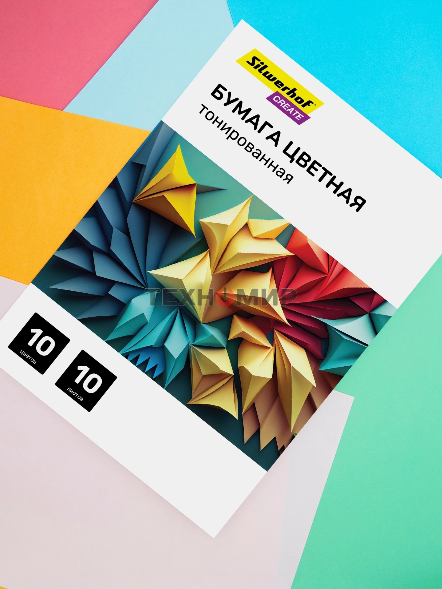 Бумага цветная Silwerhof тонир. 10 л. 10цв. A4 CREATE 80г/м2 папка