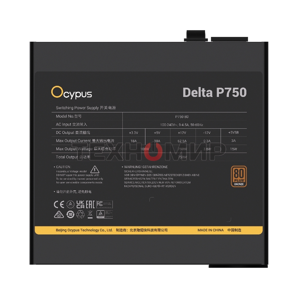 Блок питания 750W Ocypus Delta P750 (ATX, 80 PLUS Bronze, APFC, 20+4 pin, 120мм fan, PCI-E 6+2Px3, 8xSATA) (Delta-P750-B1FDBK024X-EU)