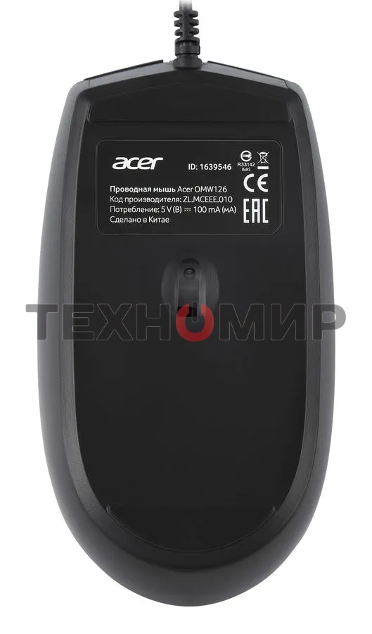Мышь проводная Acer OMW126 черный, 1200 dpi, USB, кнопки - 3
