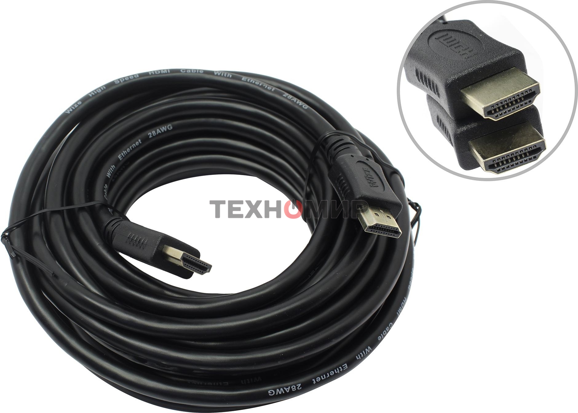 Кабель HDMI C-HM-HM-7.5M Wize, 7.5 м, v.2.0, 19M/19M, позол.разъемы, экран, черный, пакет