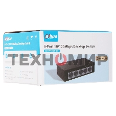 Коммутатор 5-в-1 Dahua DH-PFS3005-5ET/5 портовдо 100 Мбит.с/коммутация до 1 Gbит.с/неуправляемый/Plug & Play/черный (DH-PFS3005-5ET)