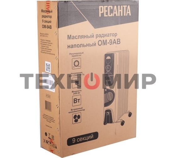 Масляный обогреватель Ресанта ОМ-9АВ (9 секций) белый, 2400 Вт, 30 м2, термостат 67/3/22