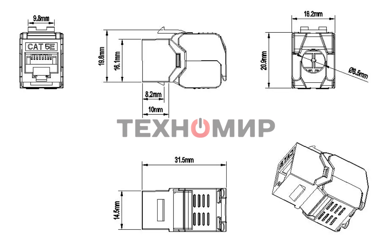 Модуль универсальный Hyperline KJ8, keystone, 1хRJ45, 180°, кат. 5е, неэкр., цвет: белый