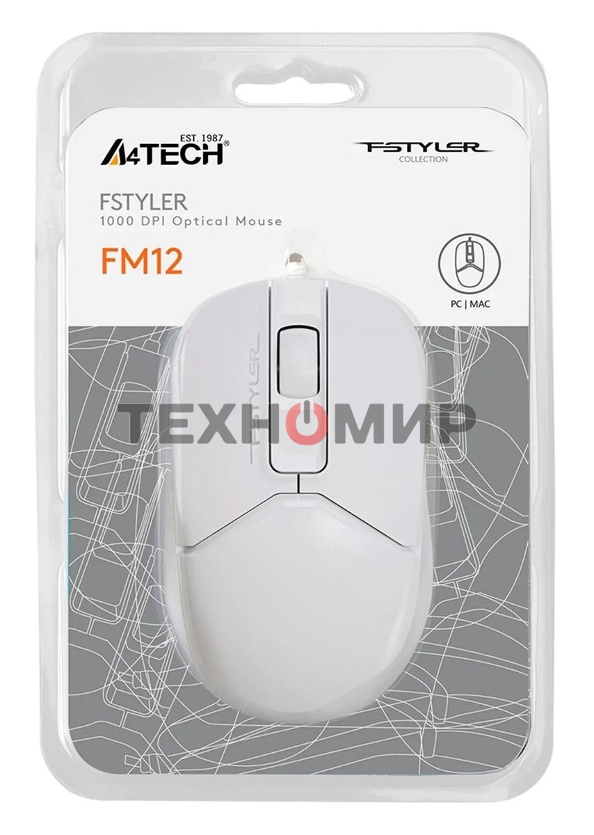 Мышь проводная A4Tech Fstyler FM12 белый, 1200 dpi, USB, кнопки - 3