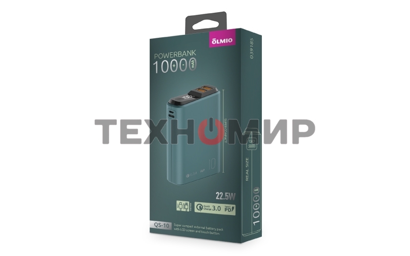 Портативный аккумулятор OLMIO QS-10, 10000mAh, 22.5W QuickCharge3.0/PowerDelivery, LCD, темно-зеленый