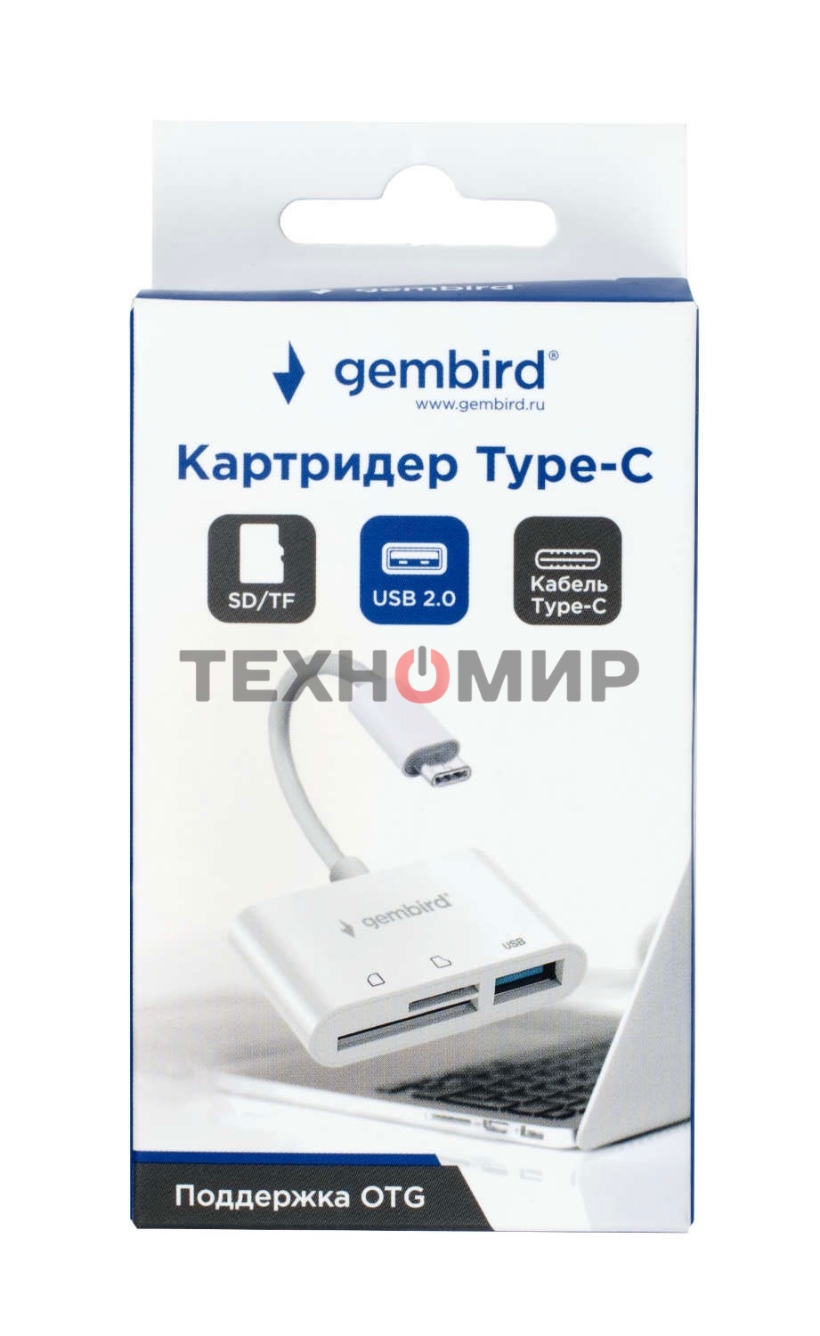 Кард-ридер Gembird FD2-MSD-2/белый/SD/SDHC/SDXC/TF/MicroSD/USB 2.0/USB Type-C (2.0)/пластик