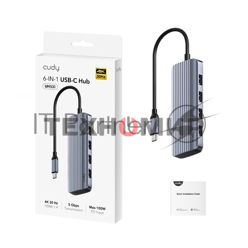 USB-концентратор USB-C Cudy UH500, 1 USB-C 3.0, 1x 4K@30Hz HDMI Port, 1x 100W USB-C port for PD Charging, 4x USB-A (UH500)