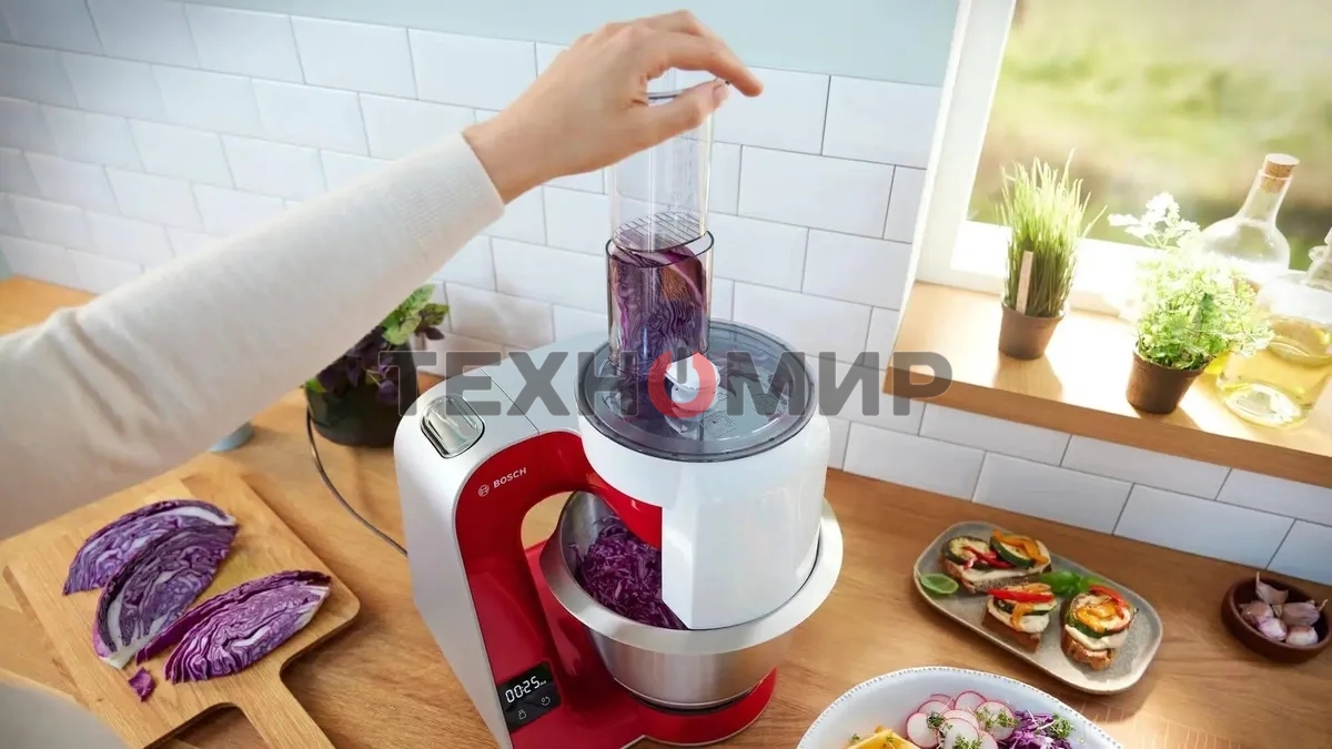 Кухонная машина Bosch MUM5X720 планетар.вращ. 1000Вт красный/серый