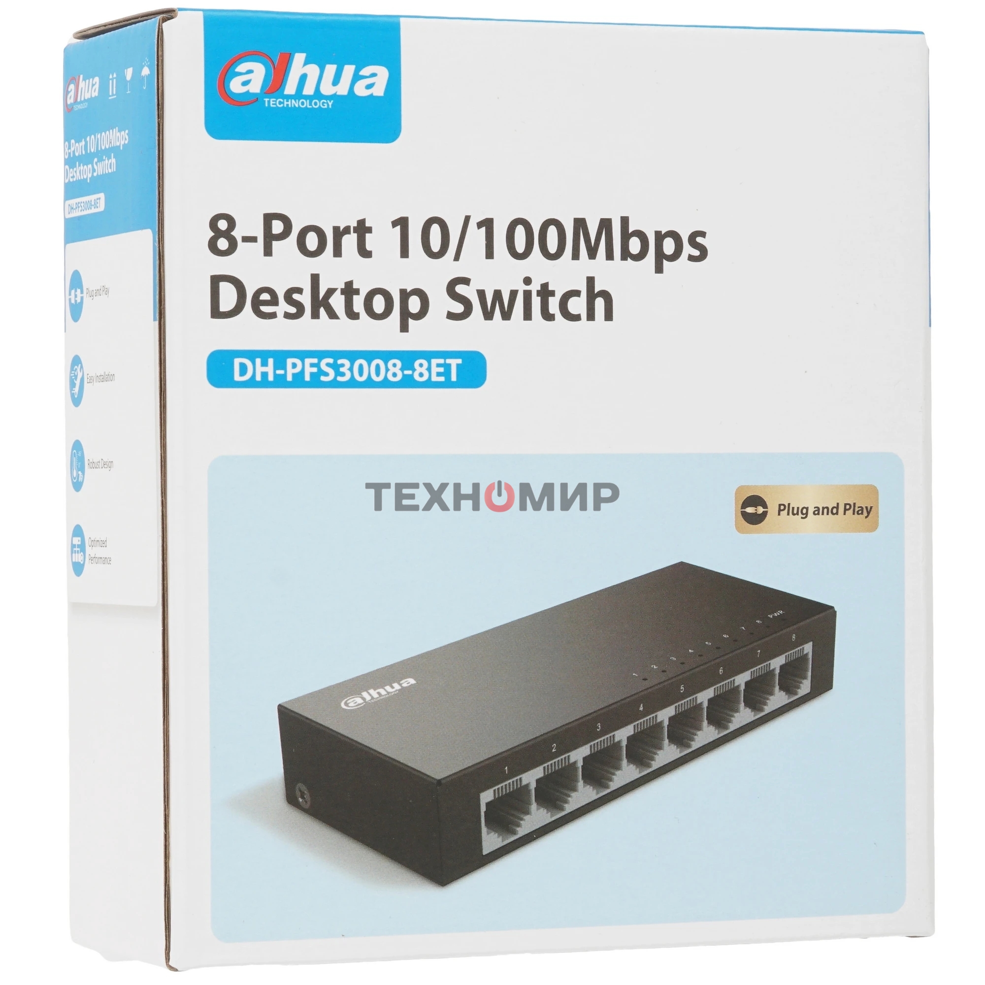 Коммутатор 8-в-1 Dahua DH-PFS3008-8ET/8 портов до 100 Мбит.с/коммутация до 1.6 Gbит.с/неуправляемый/Plug & Play/черный (DH-PFS3008-8ET)