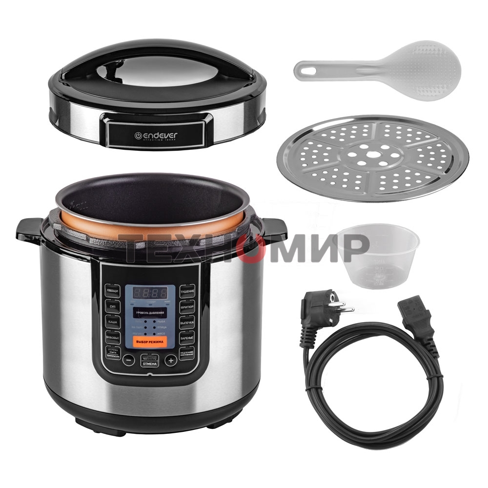 Скороварка-мультиварка электрическая Endever Vita-132, черный/стальной, мощность 1200 Вт, емкость 6л, 16 авторежимов работы, книга рецептов, 2 шт/уп.