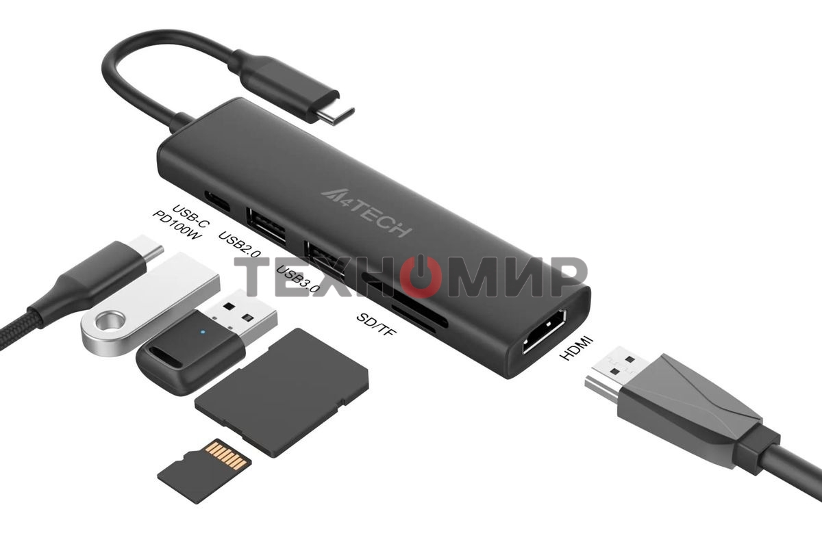 Разветвитель USB-C A4Tech DST-60C 2порт. серый