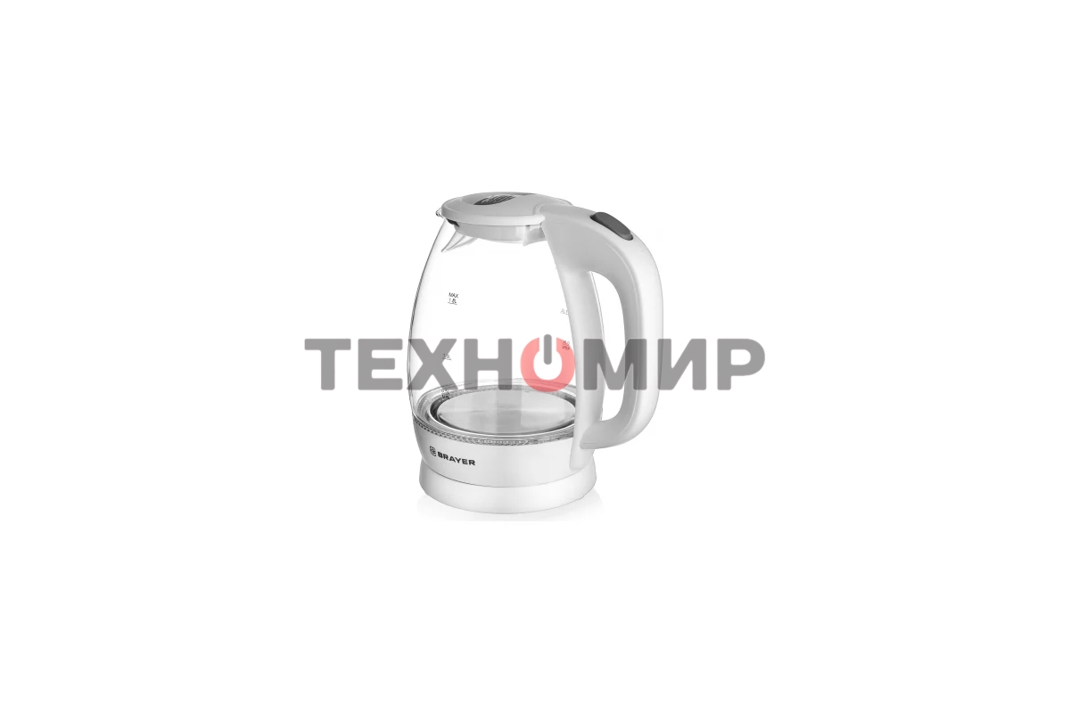 Чайник электрический BRAYER BR1013WH, 2200 Вт, 1.8 л, высокопрочное стекло, подсветка, автоотключение, моющийся фильтр