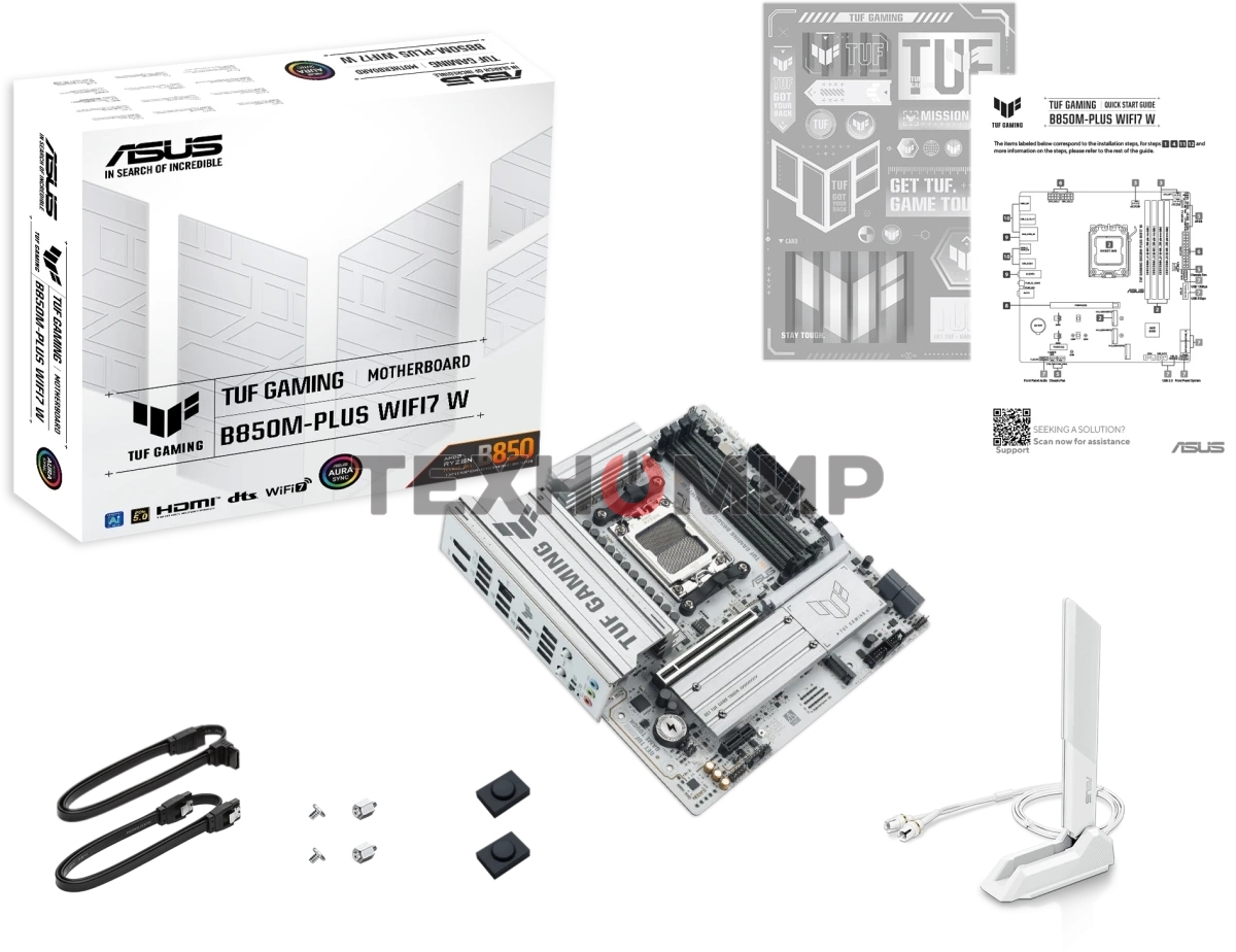 Материнская плата Asus TUF GAMING B850M-PLUS WIFI7 W, AM5, AMD B850, 4xDDR5, 4xSATA, 3xM.2, 1xPCIe 5.0 x16, 1xPCIe 3.0 x1, 1xDP, 1xHDMI, 1x2.5Gb LAN, Wi-Fi 7, Bluetooth 5.4, 1xUSB-C 20Gbps, 3xUSB-A 10Gbps, 4xUSB-A 5Gbps, 4xUSB-A 2.0, 5x3.5 мм, 7.1, mATX