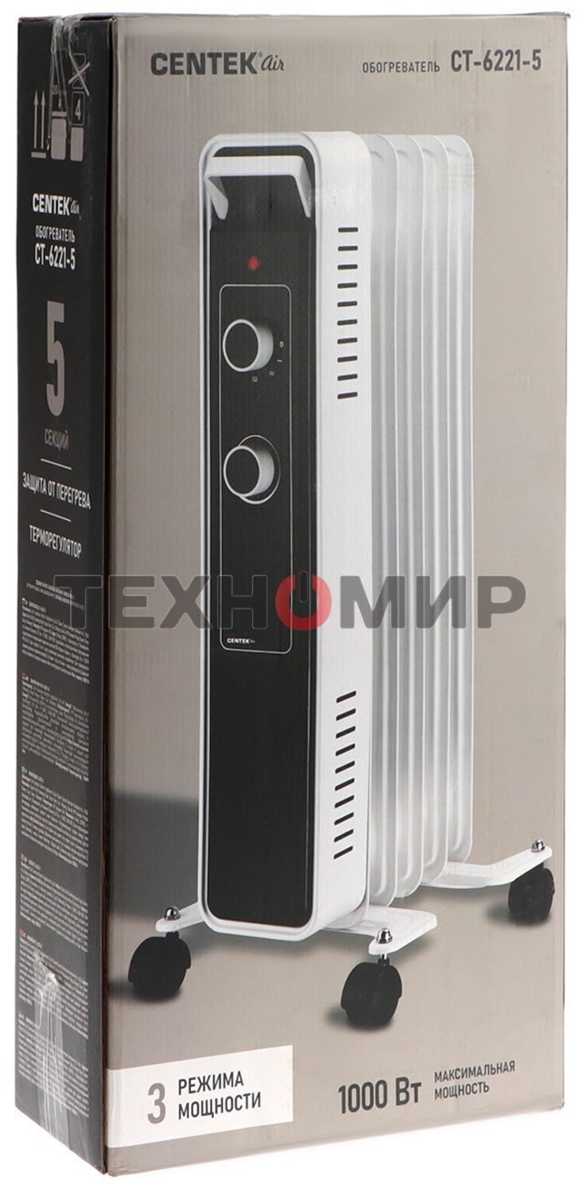 Обогреватель масляный Centek CT-6221-5 (5 секций) белый, 400/600/1000 Вт, 12,5 м2, 3 режима, термостат