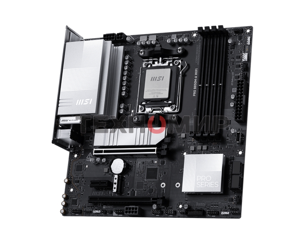 Материнская плата MSI PRO B850M-A WIFI, AM5, AMD B850, 4xDDR5, 4xSATA, 2xM.2, 1xPCIe 5.0 x16, 1xPCIe 4.0 x4, 1xPCIe 3.0 x1, 1xDP, 1xHDMI, 1x5Gb LAN, Wi-Fi 7, Bluetooth 5.4, 2xUSB-C 10Gbps, 3xUSB-A 10Gbps, 3xUSB-A 5Gbps, 4xUSB-A 2.0, 3x3.5 мм, 7.1, mATX