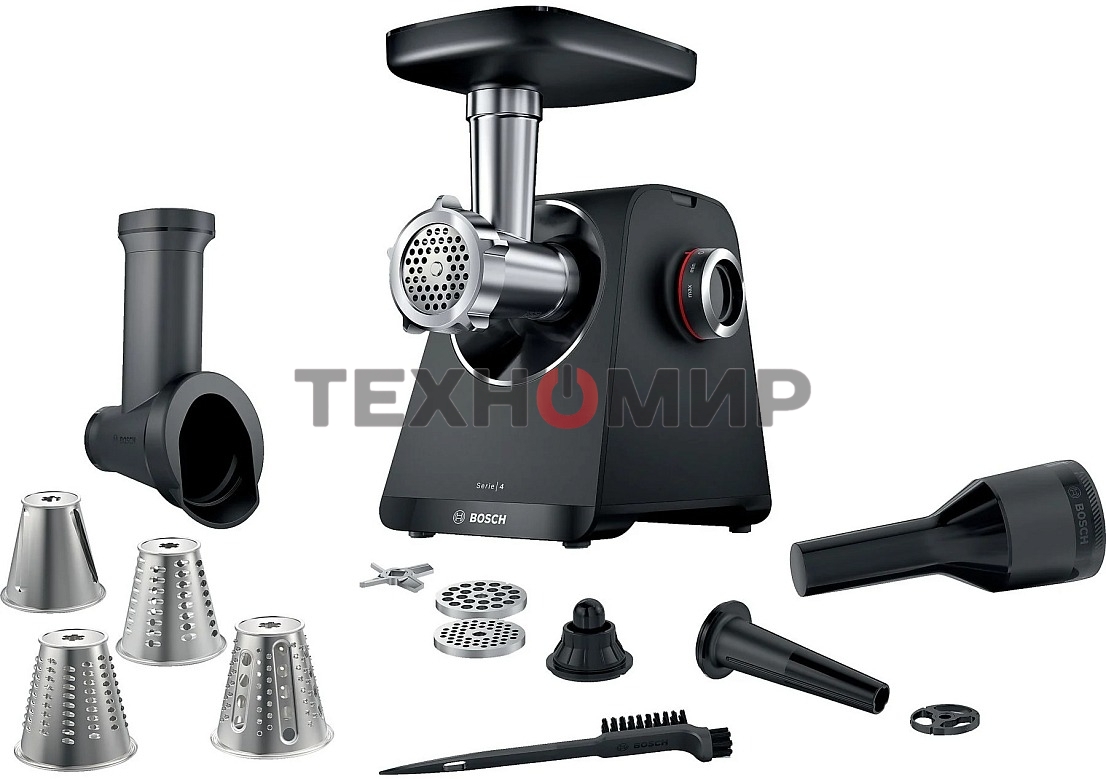 Мясорубка электрическая Bosch MFWS440B черный, 1900 Вт, 2.5 кг/мин, реверс, защита от перегрузки, насадки - 7