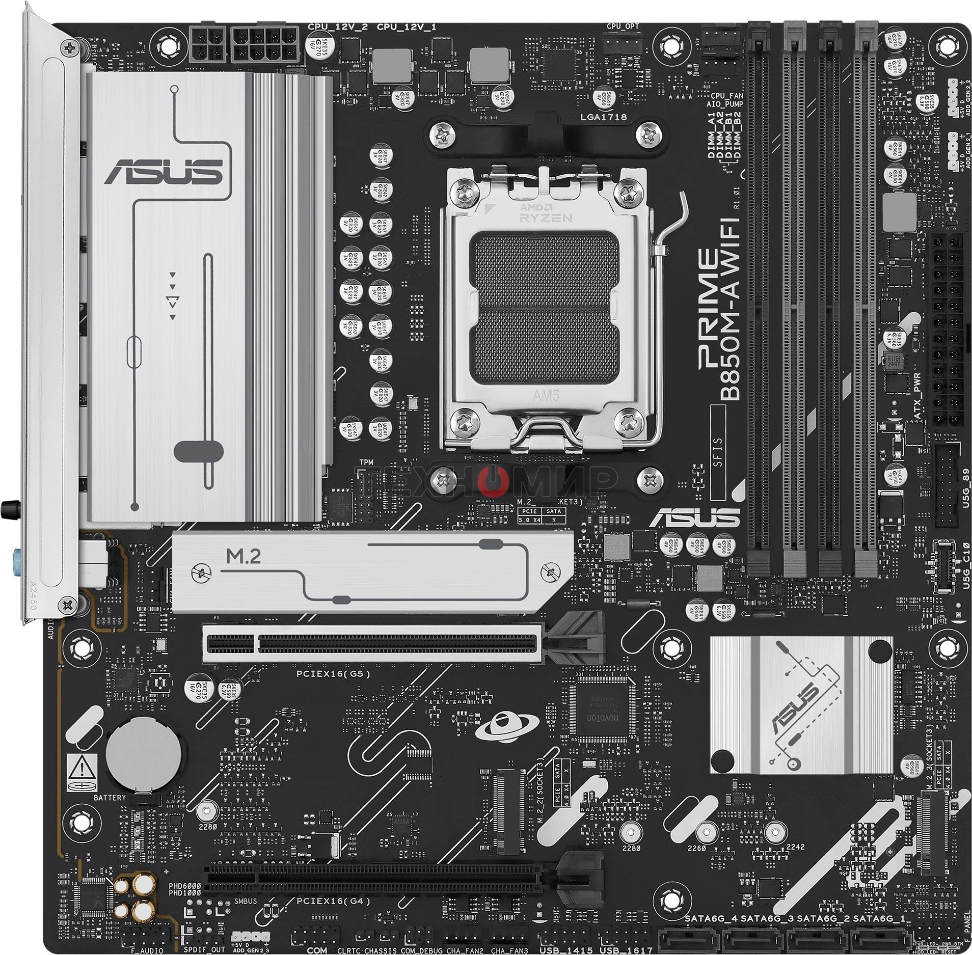 Материнская плата ASUS PRIME B850M-A WIFI, AM5, AMD B850, 4xDDR5, 4xSATA, 3xM.2, 1xPCIe 5.0 x16, 1xPCIe 4.0 x16, 1xHDMI, 2xDP, 1x2.5Gb LAN, Wi-Fi 6E, Bluetooth 5.3, 2xUSB-A 10Gbps, 2xUSB-A 5Gbps, 4xUSB-A 2.0, 3x3.5 мм, 7.1, mATX