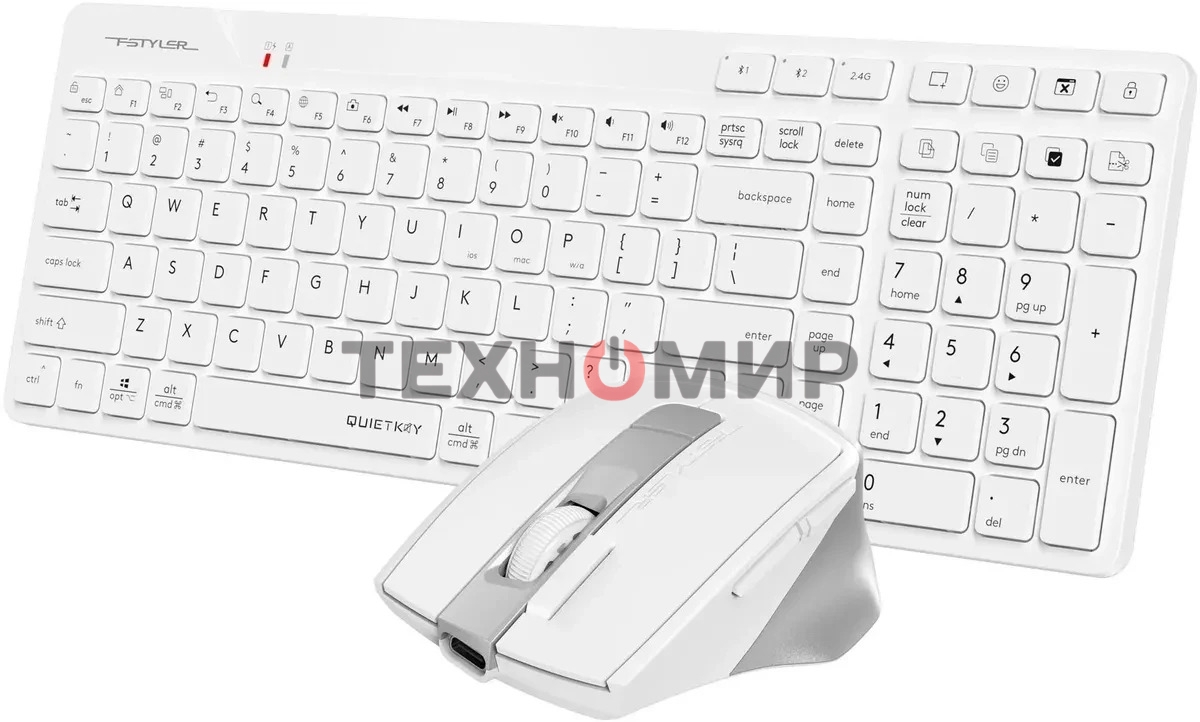 Комплект клавиатура+мышь A4Tech FStyler FB2800C Air2 беспроводной, USB + Bluetooth, 2000 DPI, белый/серый