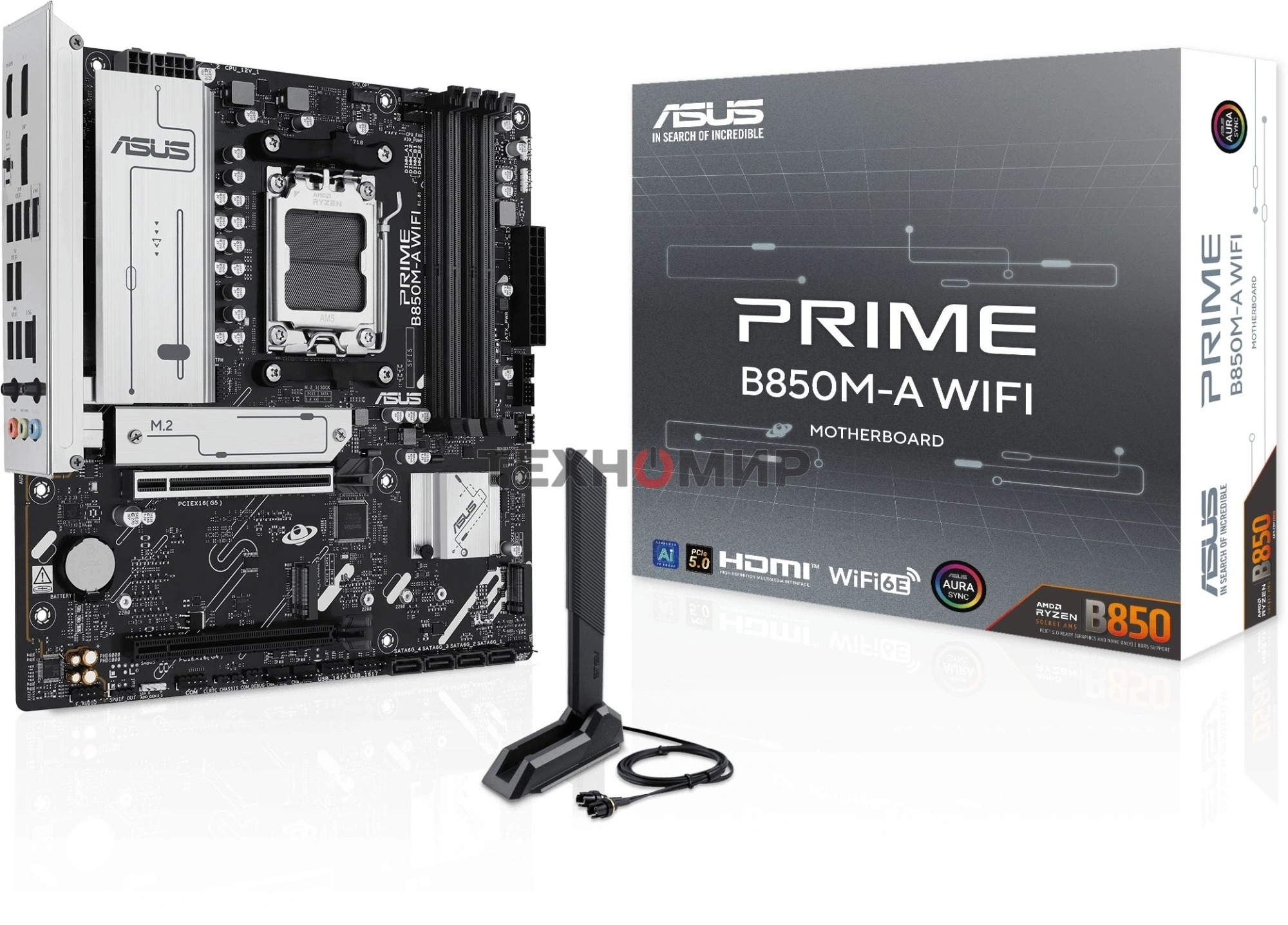 Материнская плата ASUS PRIME B850M-A WIFI, AM5, AMD B850, 4xDDR5, 4xSATA, 3xM.2, 1xPCIe 5.0 x16, 1xPCIe 4.0 x16, 1xHDMI, 2xDP, 1x2.5Gb LAN, Wi-Fi 6E, Bluetooth 5.3, 2xUSB-A 10Gbps, 2xUSB-A 5Gbps, 4xUSB-A 2.0, 3x3.5 мм, 7.1, mATX