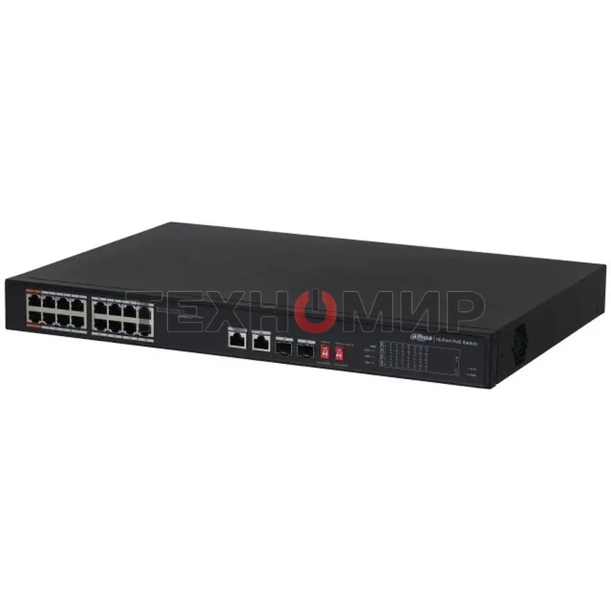 Коммутатор неуправляемый 16-портовый Dahua DH-S3218-16ET-135 с РоЕ, 16xRJ45 100Mb, 2хКомбо SFP/RJ45 1Gb uplink, суммарно до 135Вт, коммутация 7.2 Гбит/с, MAC-таблица 8К